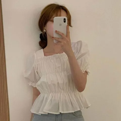 퍼스 벌룸 소매 귀여운 크롭 셔링 반팔 티 블라우스 크롭블라우스 리본블라우스