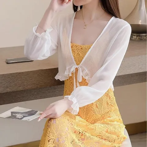 긴소매 쉬폰 프릴 코트 가디건 자켓 여름 여성