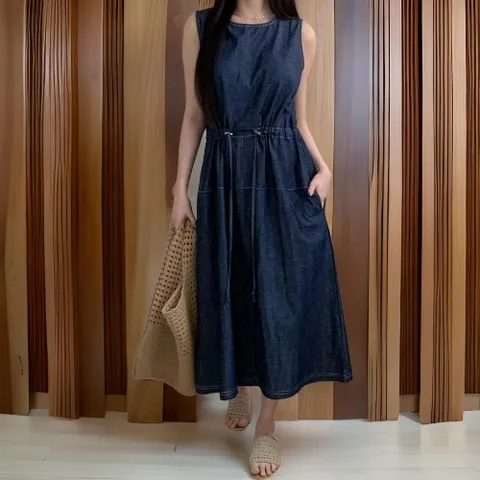 |CMO5338|여성용 스트링 허리 디테일 데님 롱 슬리브리스 드레스