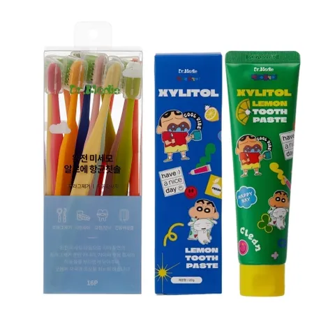 [ALOE 잇몸미세모 칫솔16p+짱구치약 본품] 국내산 미세모 항균칫솔 16개 + 짱구는못말려 자일리톨 레몬향 8가지 효능 시린이 잇몸전용 치약 120g
