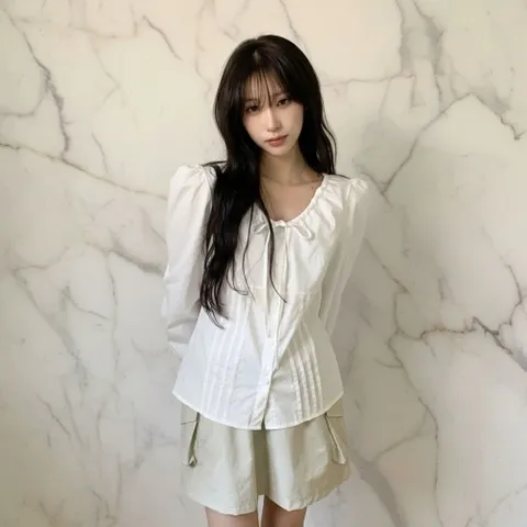 |CHH424E|여성 로맨틱 셔링 리본 블라우스 스타일