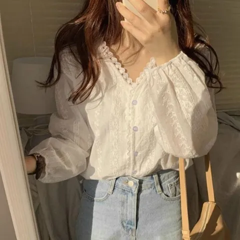 레이스 브이넥 긴팔 자수 티 블라우스 하객블라우스 여성블라우스