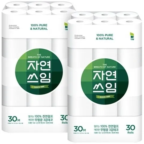 천연펄프 화장지 그린 3겹 30m 30롤 2팩 광폭 106mm