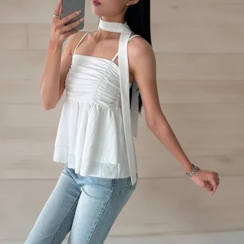 |CSH3F59|여성 페스티벌 롱 스카프 셔링 캉캉 프릴 나시 탑