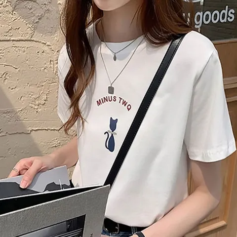 여성 심플 여름 반팔티 라운드넥 냥이 그래픽 티셔츠