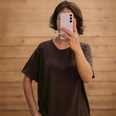 |KDT91D5|여성 다채로운 절개 디자인 린넨 반팔 오버사이즈 티셔츠