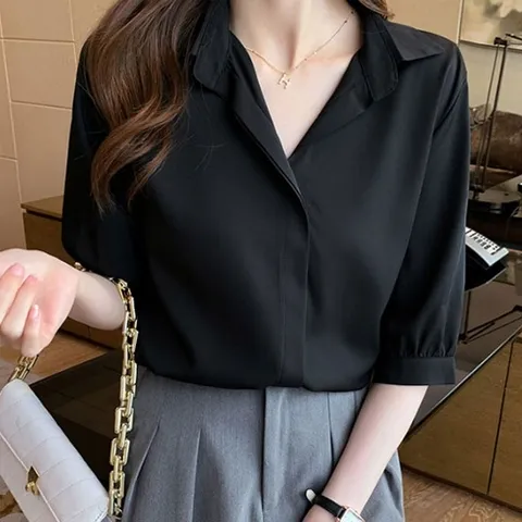 무지 심플 5부 퍼프 소매 셔츠 여름남방 오피스룩