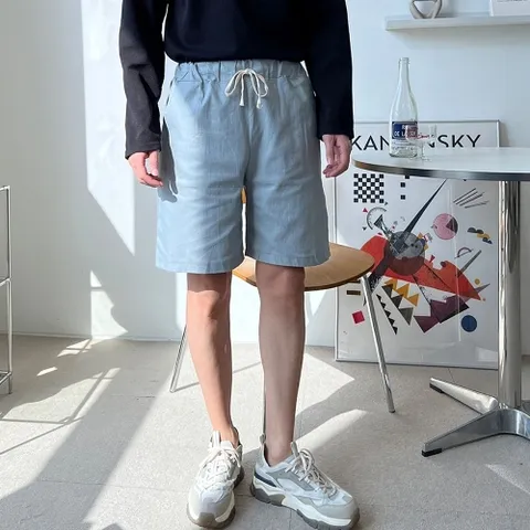 허리끈 포인트 5부 기장 코튼 밴딩 린넨팬츠