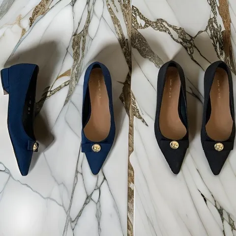 |CCS7772|딥블루 뾰족코구두 여성스러운 리본 굽낮은펌프스