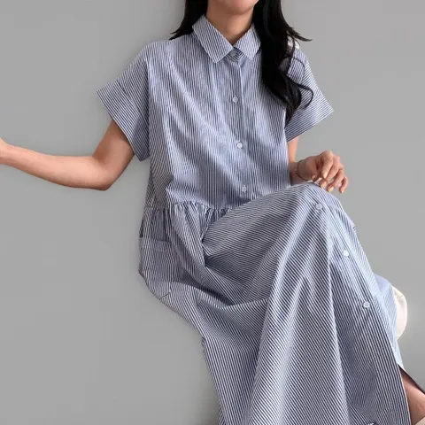 |KSO5421|여성용 파랑 스트라이프 반팔 셔링 긴셔츠 원피스