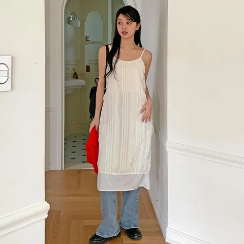 |CHO529F|쉬폰 뷔스티에원피스 살랑 레이스 레이어드룩