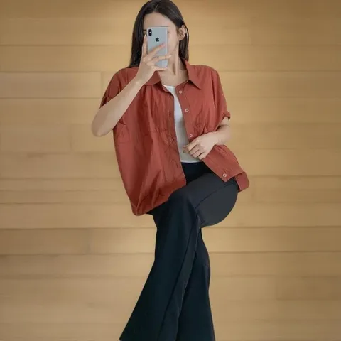 |CDH400E|여성용 데일리 언발란스 절개 바스락 반팔 블라우스