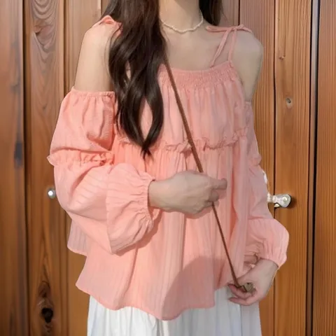 |CCH3C04|여성 프릴 디테일 오프숄더 캉캉 끈 나시 블라우스