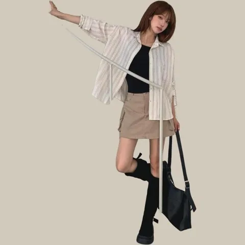 |KHH40C7|여성용 루즈핏 시어서커 스트라이프 셔츠 블라우스
