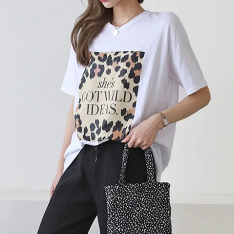 [애슬릿] 국내 생산 면 100% 호피 프린트 기본 여성 반팔 티 셔츠