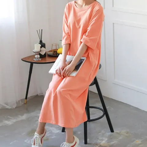 [애슬릿] 국내 생산 면 빅 사이즈 오버핏 여름 반팔 롱 원피스