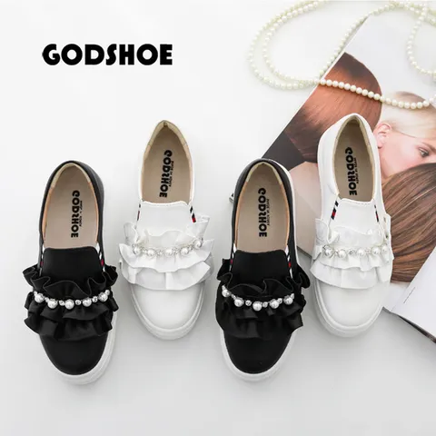 갓슈 진주큐빅 프릴 통굽슬립온 여성슬립온