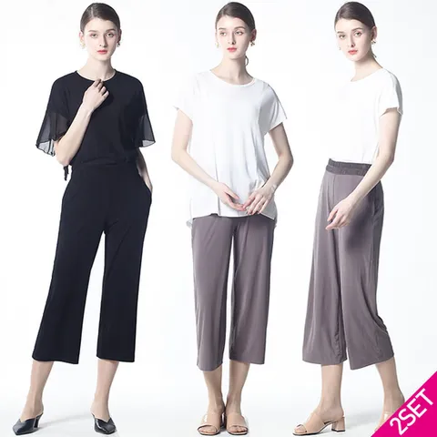2SET [르오트(LeOT)] 플리츠 풀코디 2종세트(블라우스+8부팬츠)-사이즈55~88다양