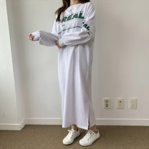 [애슬릿] 국내 생산 면 100% 레터링 긴팔 롱 원피스