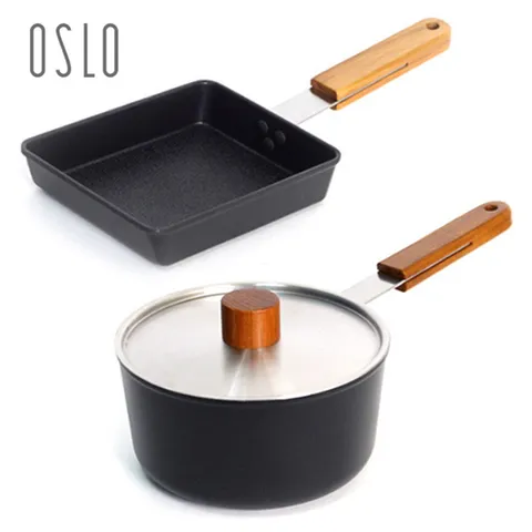 오슬로 인덕션 냄비후라이팬 2종(사각+18편수) 라면 계란말이 우드손잡이냄비
