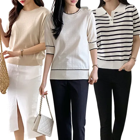 [무료배송]여성 여름 데일리 반팔니트 배색 루즈핏 티셔츠 균일가