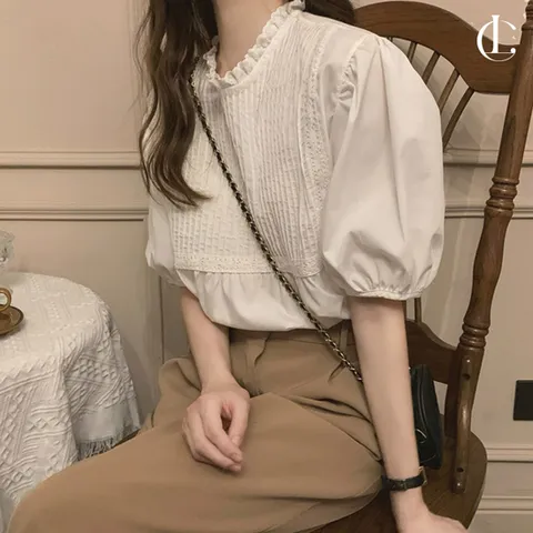 엘케이트 여성 블라우스 LYT120 라운드 핀턱 레이스 하객룩 셔츠