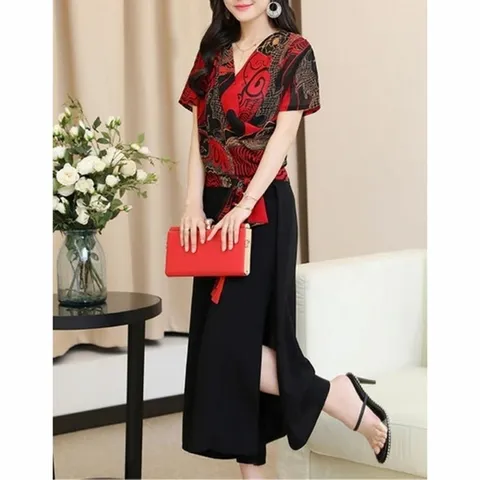 여름 쉬폰 반팔 블라우스 옆트임 7부 치마 바지 세트