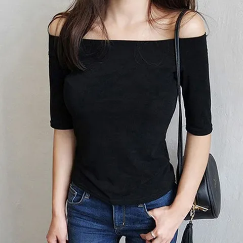 7부 소매 살짝 와이드한 입술넥 오프숄더 여성 티셔츠