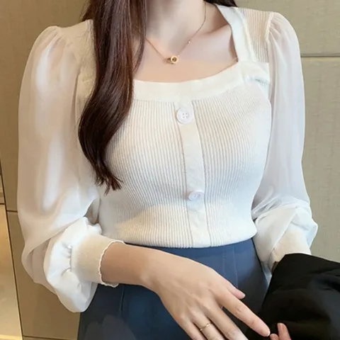 데일리 여성 스퀘어넥 쉬폰 소매 니트 블라우스 셔츠