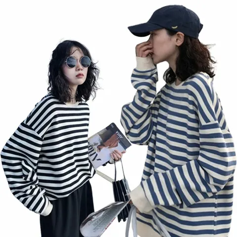 여성 2색 프리사이즈 루즈핏 스트라이프 맨투맨 티