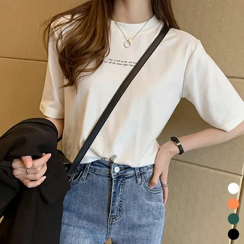여자 베이직 스타일 영문 레터링 라운드 반팔 티셔츠
