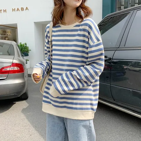 줄무뉘 스트라이프 맨투맨 긴팔 파란색티셔츠