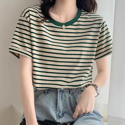 단가라 핏감좋은 여성 심플 캐주얼 반팔