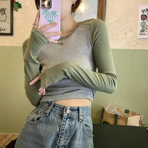 여성 배색 크롭 긴팔티 DS-CC210