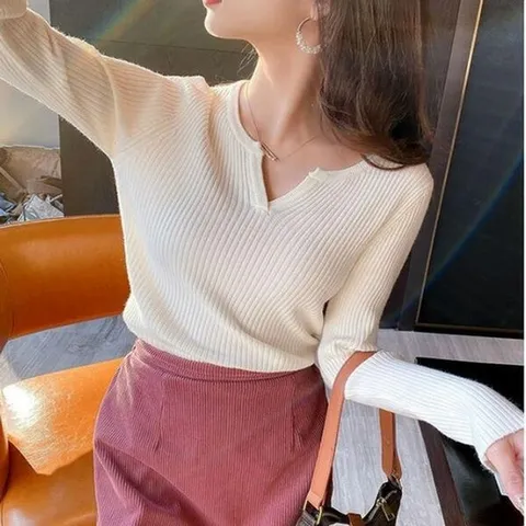 가을 여성스러운 예쁜 골지 브이넥 긴팔 니트 티셔츠