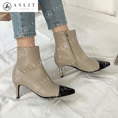 [애슬릿] 소 가죽 뾰족 코 미들 힐 앵클 부티 부츠