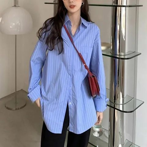 블루톤 오버핏 캐쥬얼 모던 단정한 심플 여성 셔츠
