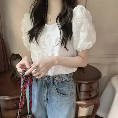 스퀘어넥 여성 데일리 데이트룩 주름 블라우스