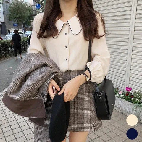 여자 예쁜 카라 소매 배색 라인 여친룩 블라우스