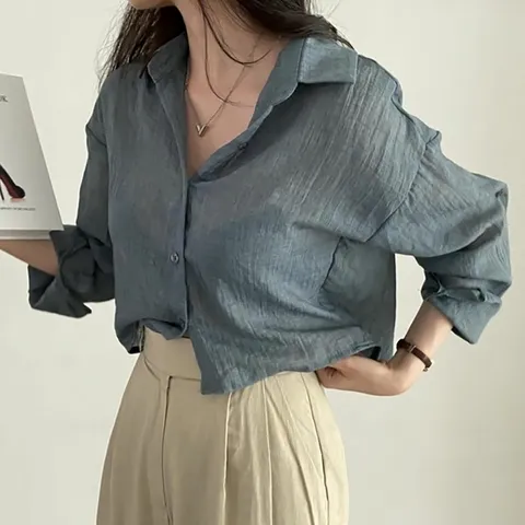 내추럴 편안한 거즈면 여자 셔츠 카라 베이직 남방