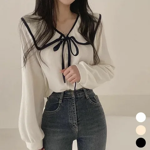 여성 예쁜 리본 매듭 넓은 카라 여친룩 예쁜 블라우스