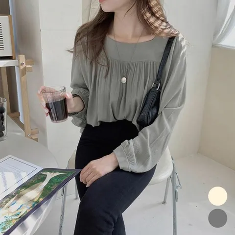 여성 스퀘어넥 예쁜 셔링주름 여친룩 가벼운 블라우스