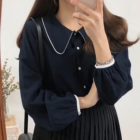 카라 손목 배색 여성 데일리 긴팔 블라우스 예쁜 셔츠