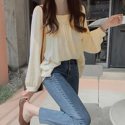 여자 러블리 스퀘어 넥 셔링 주름 블라우스 셔츠