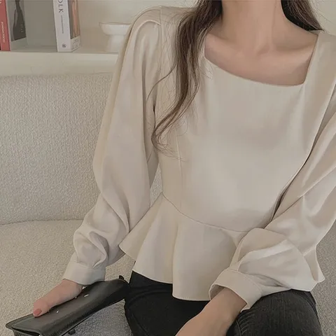 여성 스퀘어넥 셔링 포인트 레이스 긴팔 블라우스
