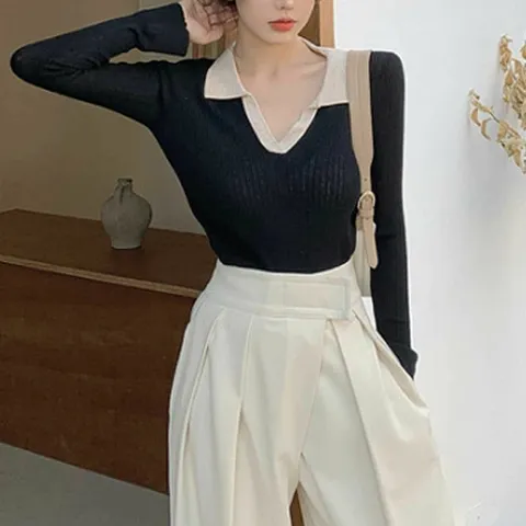 여자 간절기 데일리룩 슬림핏 골지티 예쁜 카라 니트