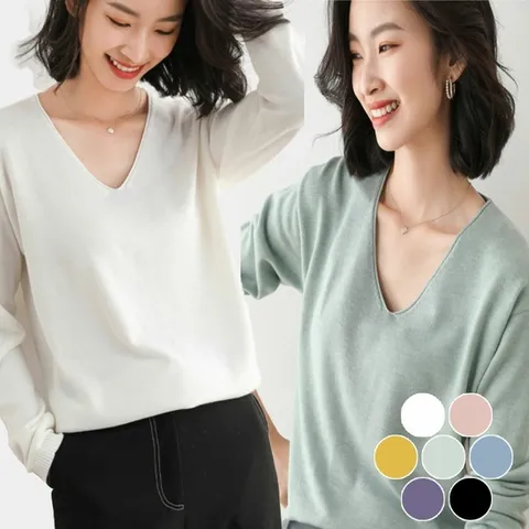 깔끔한 여자 v넥 얇은 니트 티셔츠 단정한 브이넥