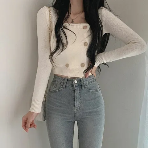 데일리 여성 크롭 긴팔 루즈핏 단추 니트