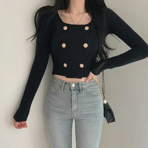 2컬러 여성 베이직 더블버튼 크롭 세미 가디건