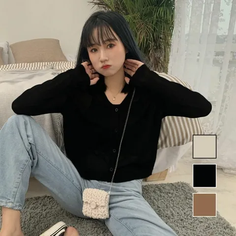 여성 기본 무지 디자인 쑛한 기장 얇은 두께 가디건